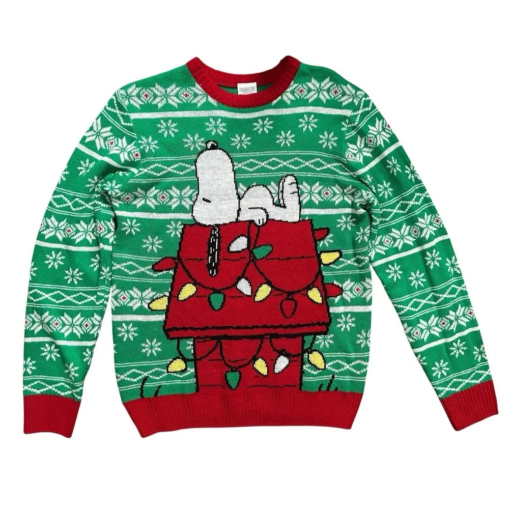 Peanuts Snoopy Doghouse Ugly Christmas Sweater Green Knitted Pullover Men's Sz L